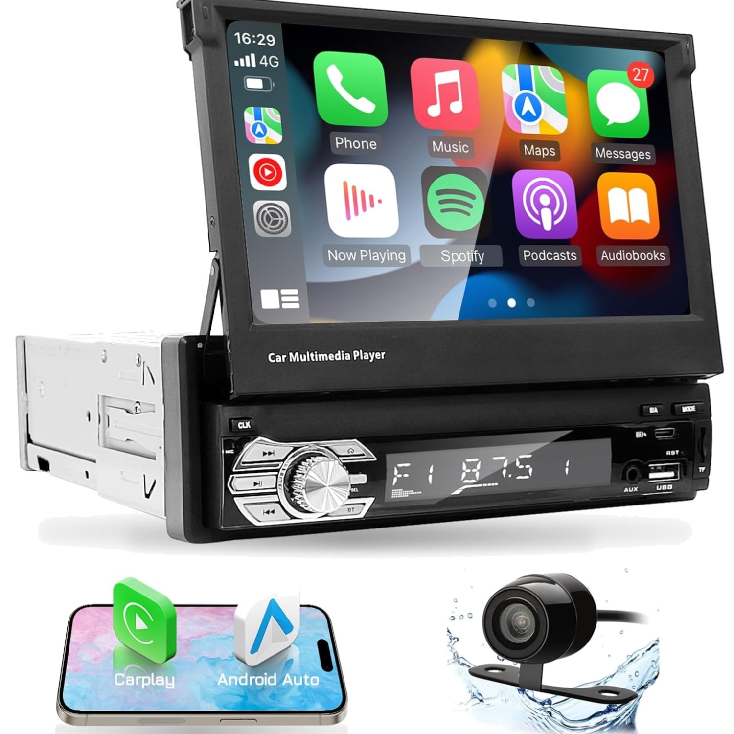 Type-C&USB Single-Din-Carplay& Android-Auto-Car-Radio 7-inch Flip Out Touchsc…