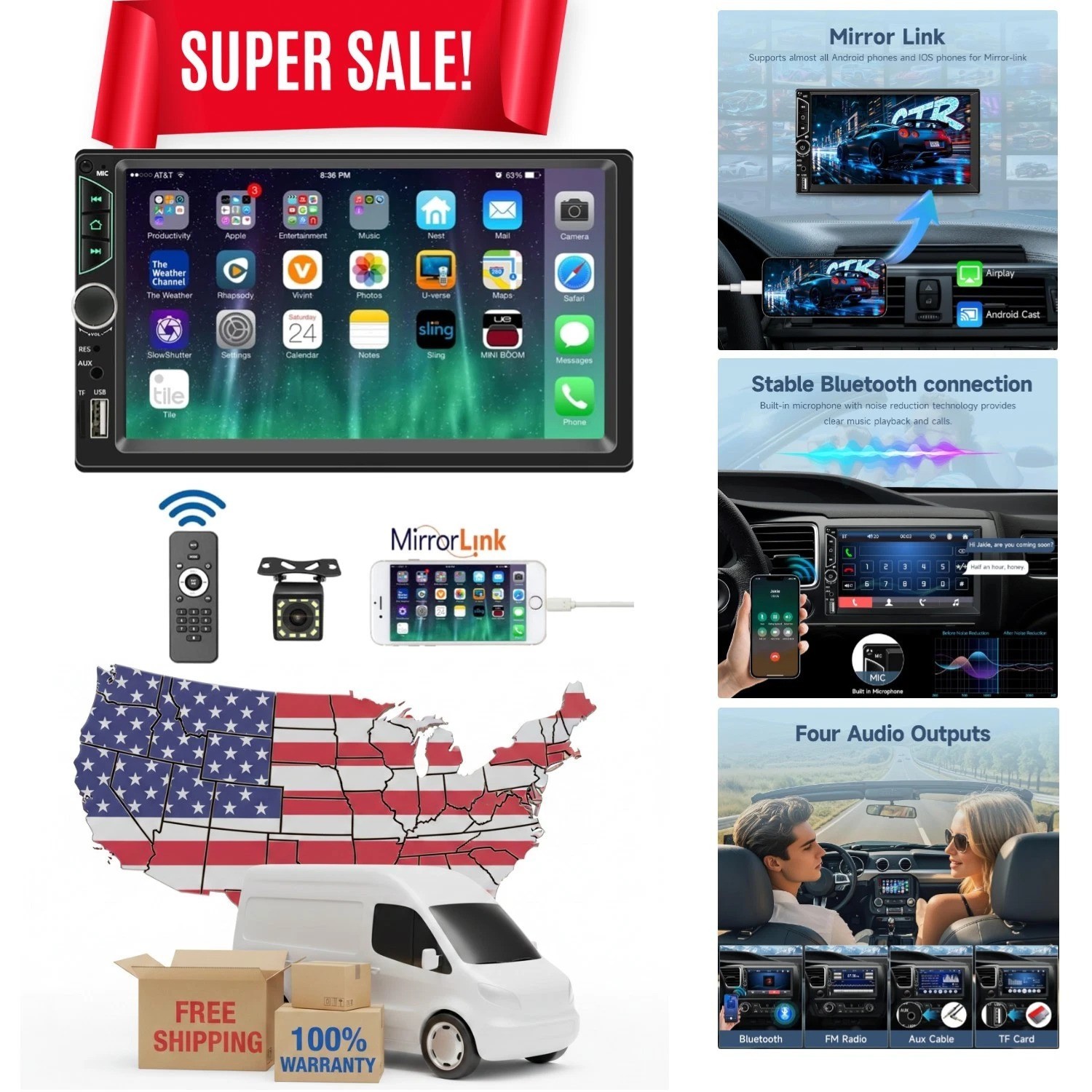 Multimedia Car Stereo with 7-Inch Touchscreen, Bluetooth & Mirror Link Support