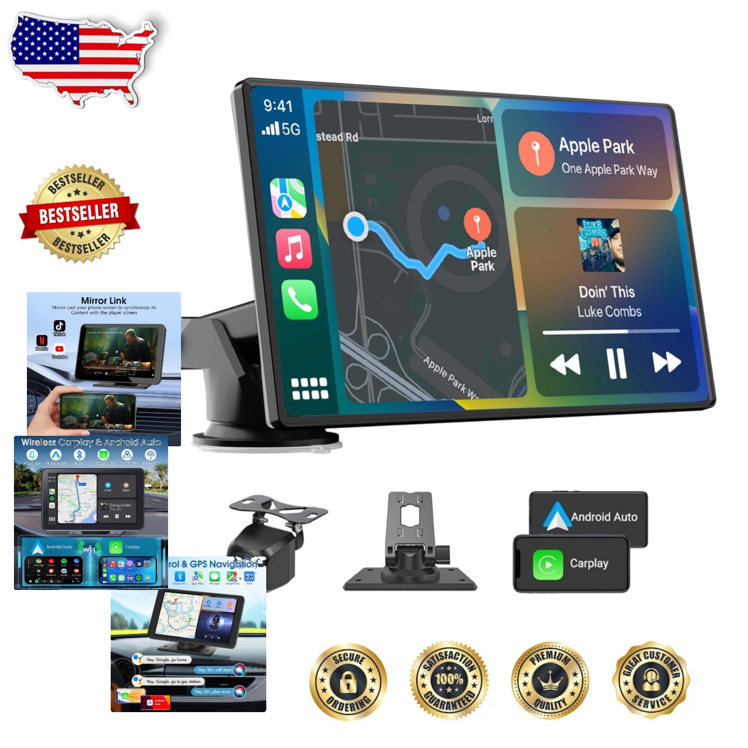 Carplay Screen 7″ HD Portable – Bluetooth, Siri, GPS, Backup Camera, MirrorLink