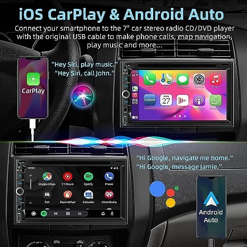 Double Din car Stereo with CD/DVD Player- CarPlay & Android Auto, Car Style-A