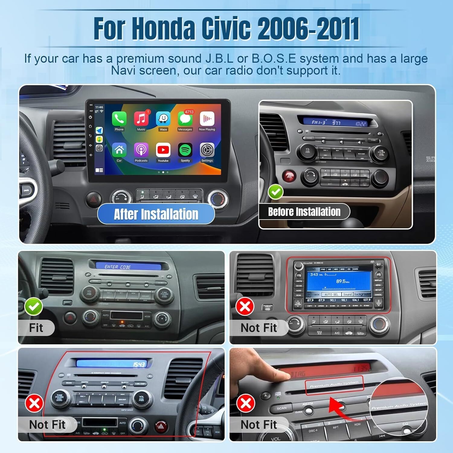 For 2006-2011 Honda Civic Carplay Radio Touchscreen FM RDS Android 13