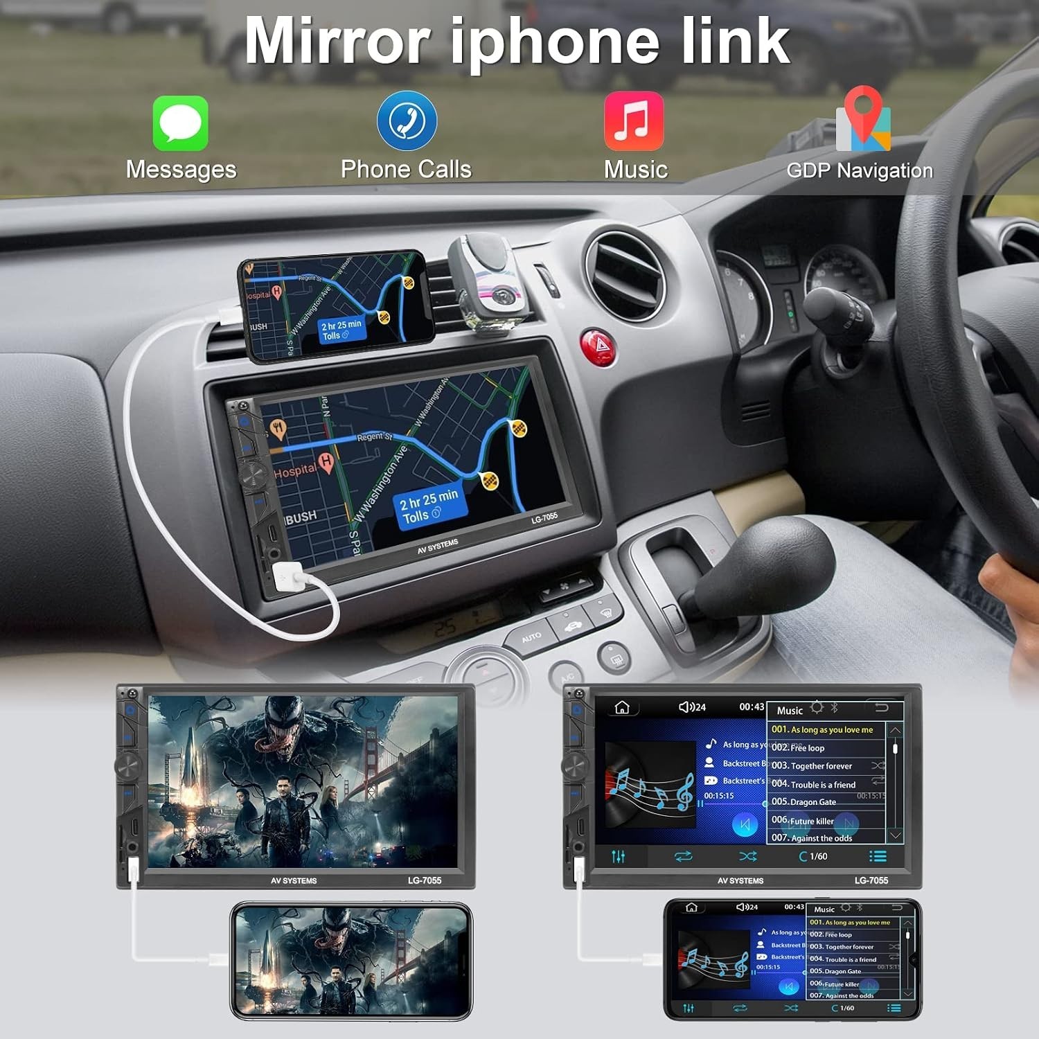 Advanced 7-Inch Double Din Stereo with FM, Bluetooth, and Steering Wheel Control