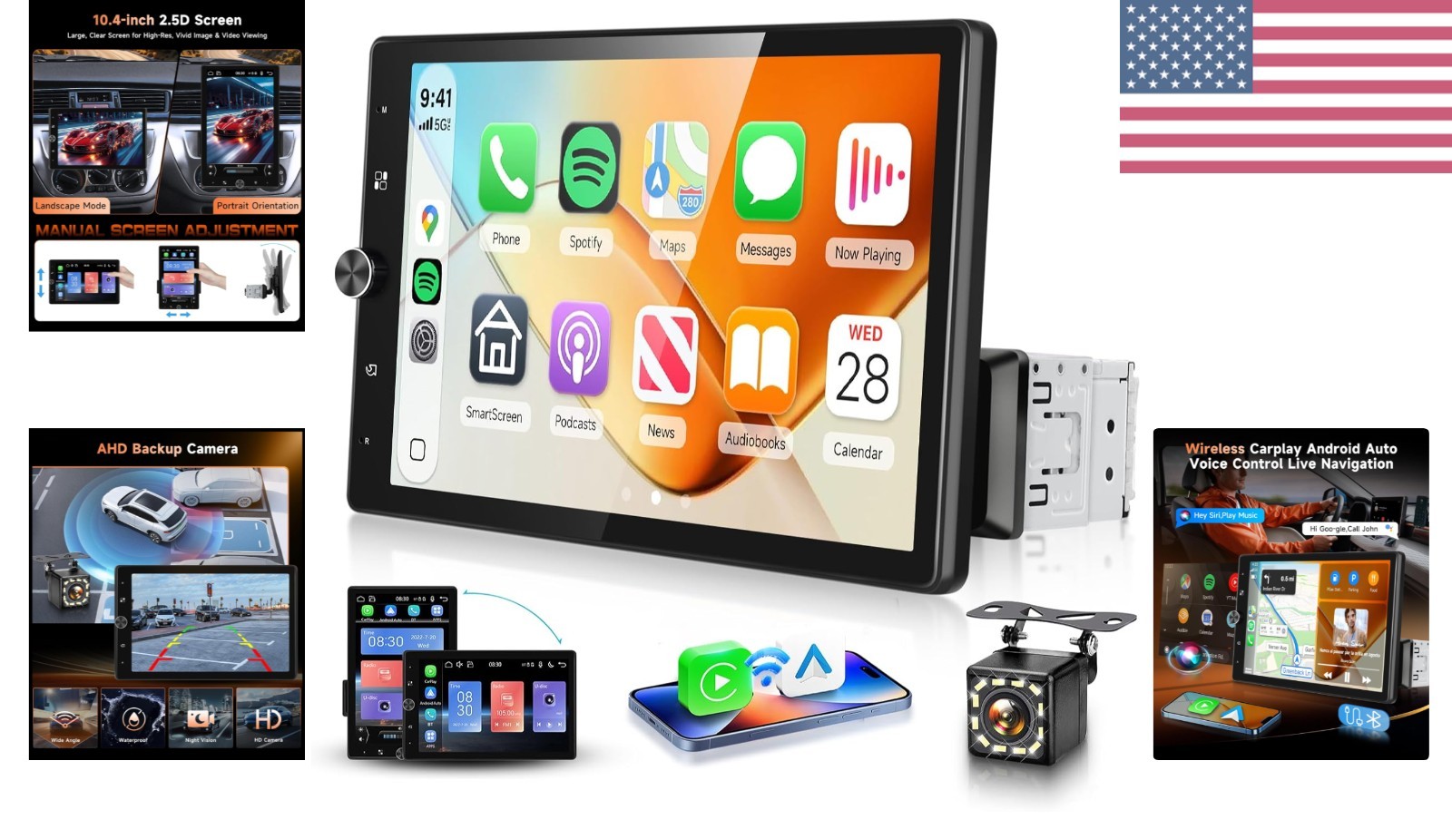 10.4” Single Din Car Stereo with Wireless CarPlay Android Auto, HD Rotation …