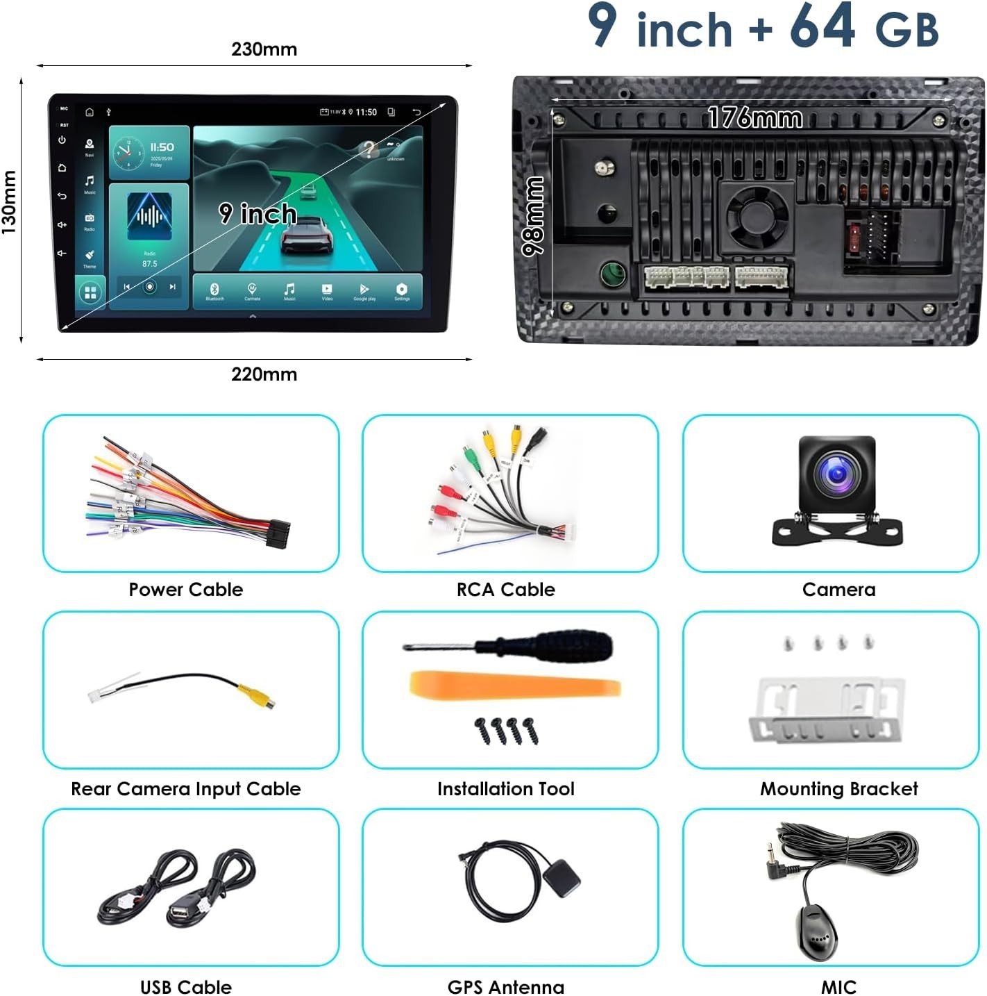 9″ 64GB Wireless CarPlay Android Auto Car Stereo, Double Din HD Touch Screen …