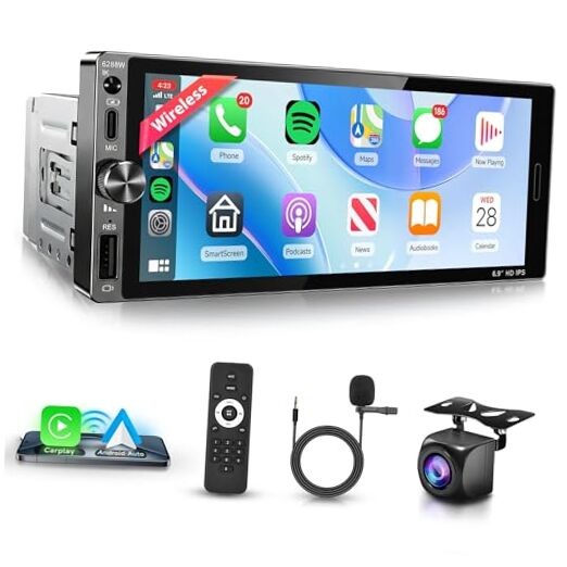 Single Din Car Radio Stereo Wireless Carplay & 6.9 inch Wireless Carplay
