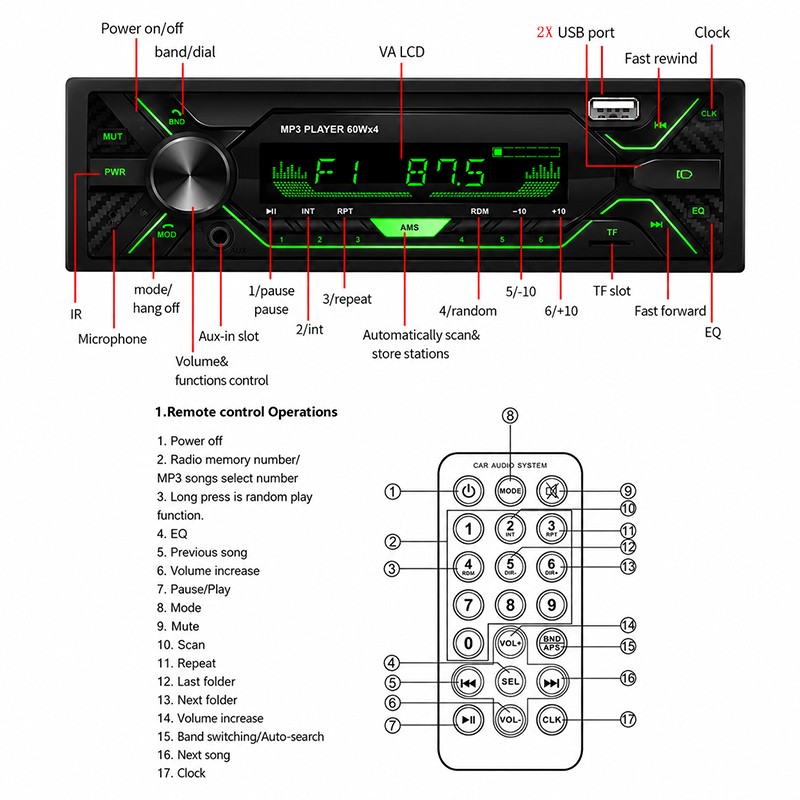 Player Car Stereo Audio Radio Receiver Bluetooth in-Dash FM SD USB MP3