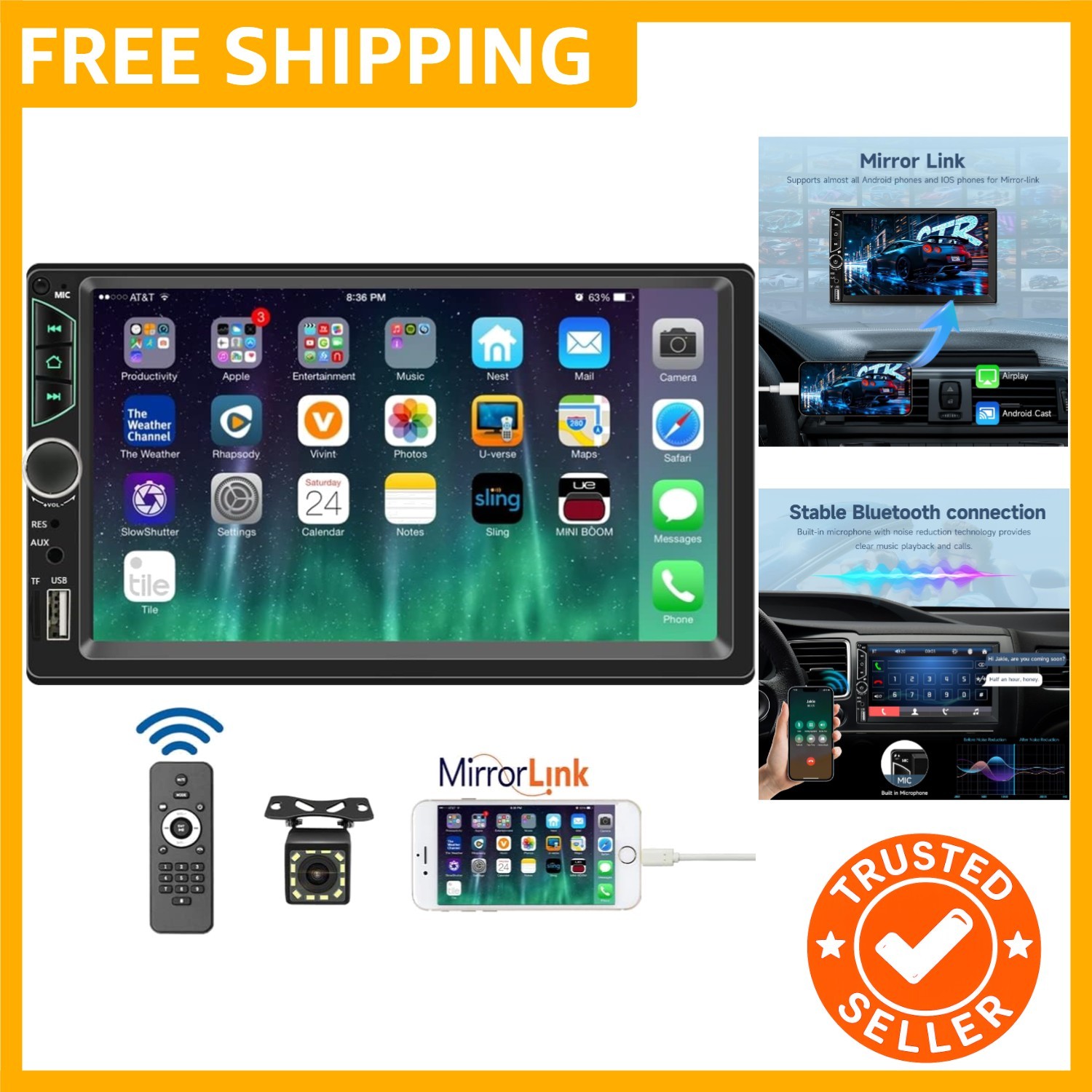 Double Din Car Audio with Touchscreen, FM/USB & Waterproof Backup Camera