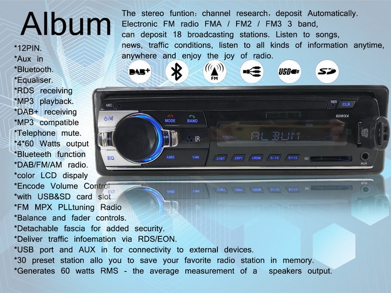 1 DIN Car Audio Player 4x60W Output DAB/FM Radio, Bluetooth, USB/AUX & MP3