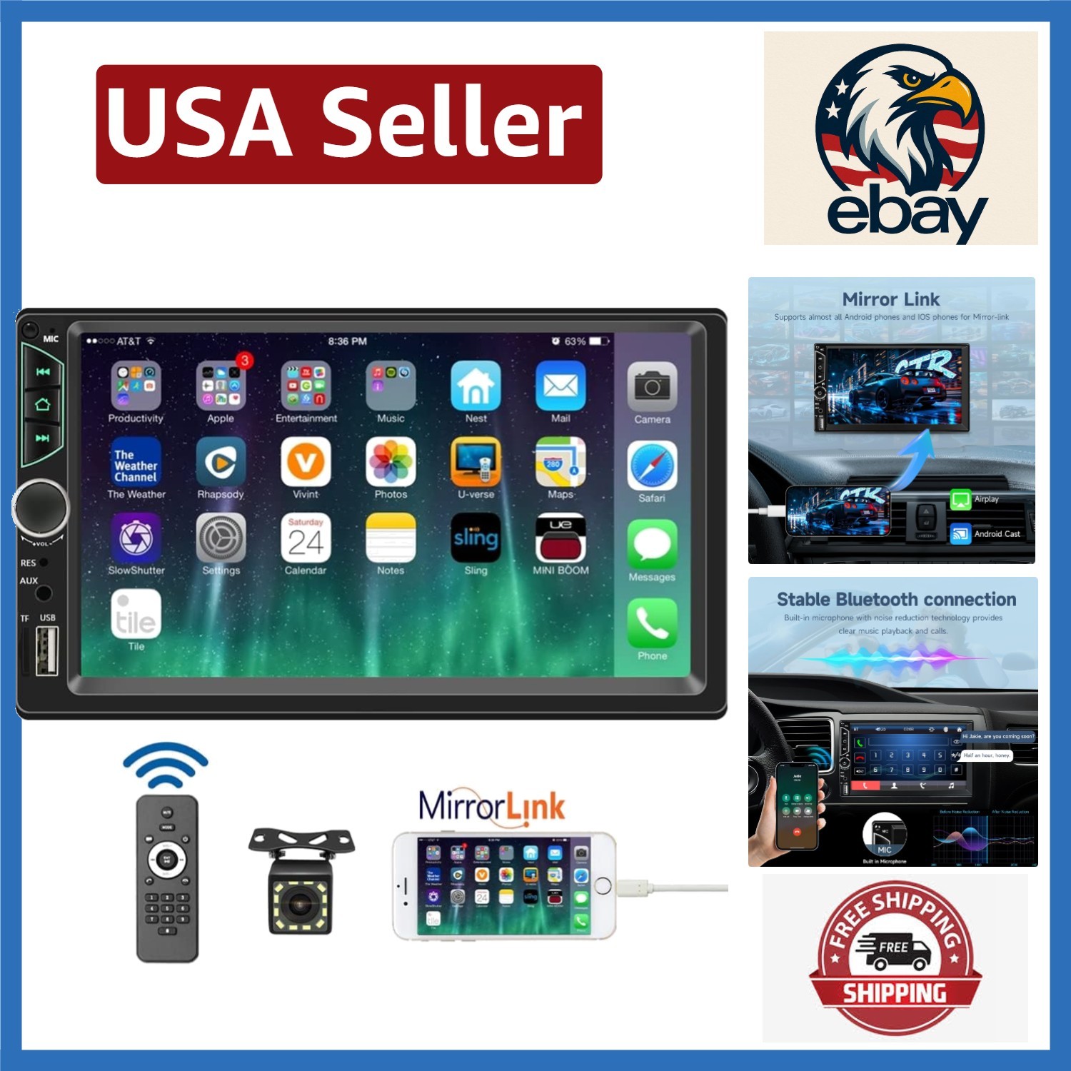 7-Inch HD Touchscreen Double Din Car Stereo with Mirror Link & Subwoofer Support