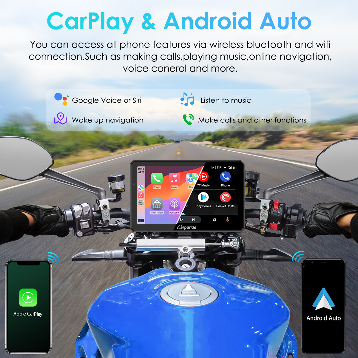 Carpuride W712D Wireless Carplay Android Auto Motorcycle Wired Controlled TPMS