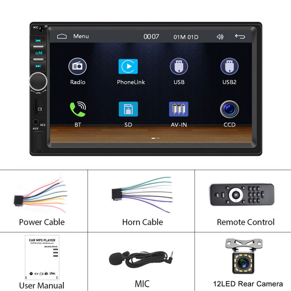 7″ Double 2DIN Carplay Car Radio Android Auto Bluetooth USB FM Mirror Link +Cam