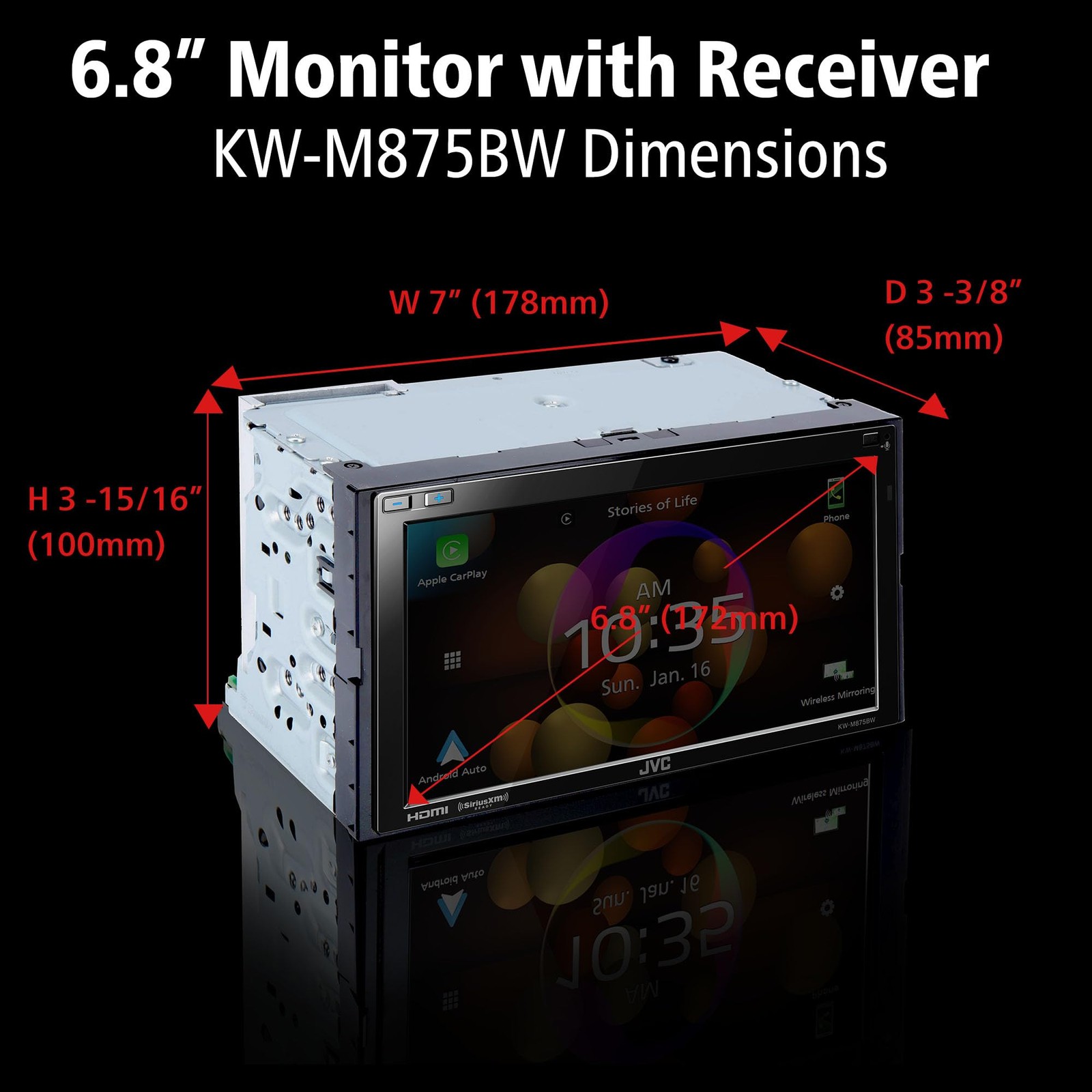 JVC KW-M875BW 2-DIN Car Stereo Receiver Wireless Apple CarPlay 13-Band EQ Radio