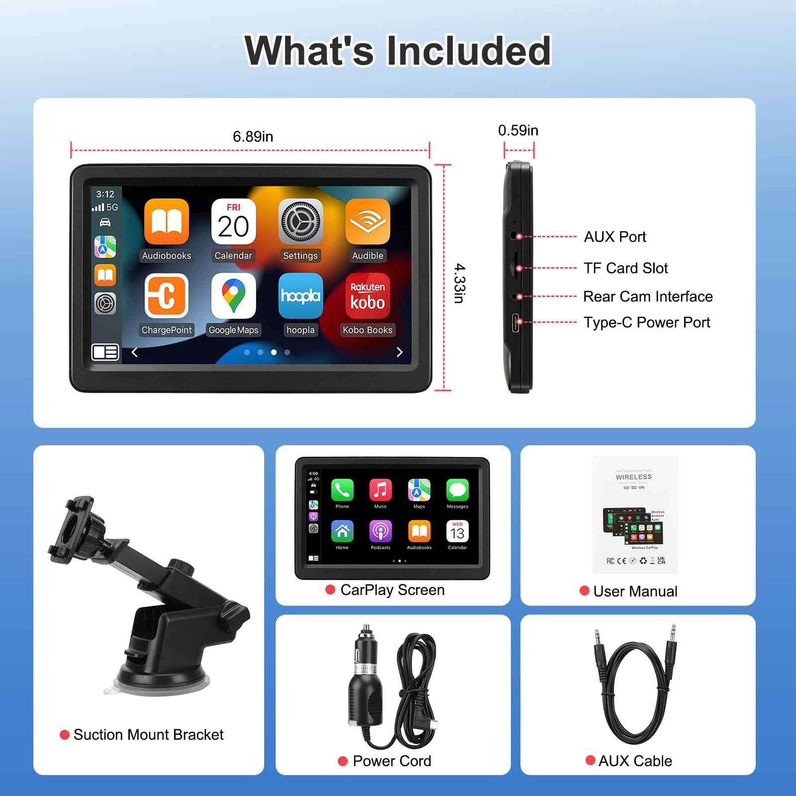 Carplay Screen for Car, 7″ Wireless Carplay & Android Auto, Portable HD