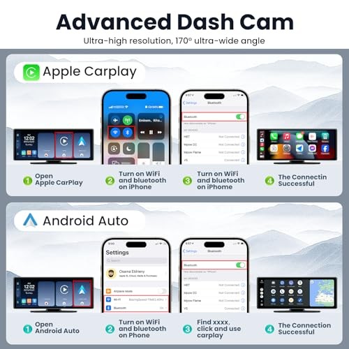 Wireless CarPlay 10.26″ Portable CarPlay Screen for Car Backup Cam & 4K Dash Cam