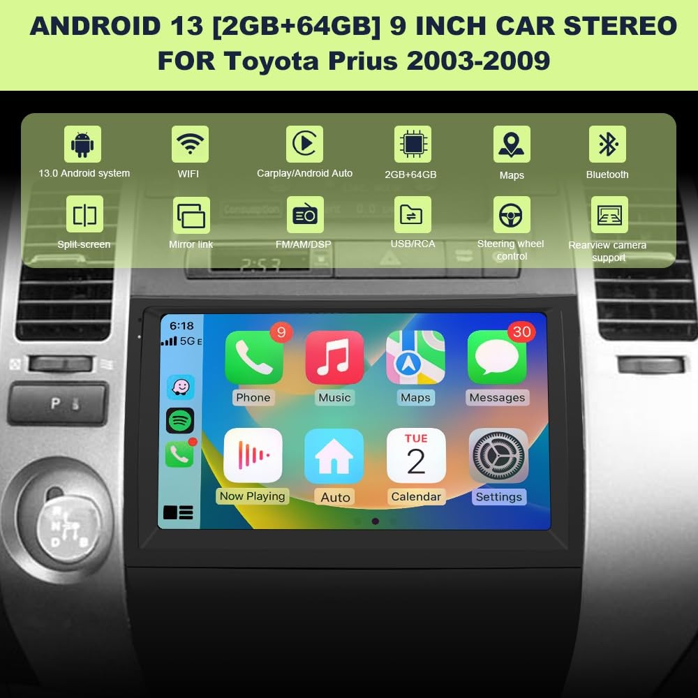 Pyniro 2G+64GB Car Radio Stereo for Toyota Prius 2003-2009 9Inch Android…
