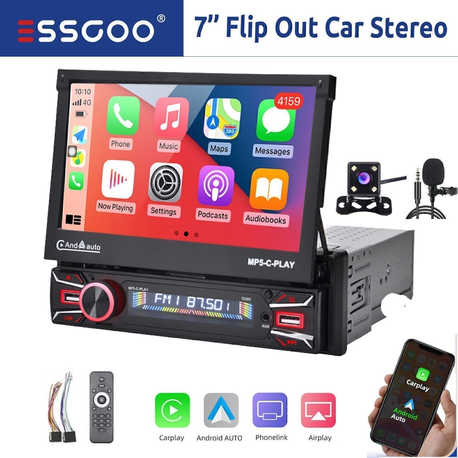 7″ CarPlay Single 1 DIN Flip Out Car Stereo Radio Bluetooth TF USB + Camera&MIC