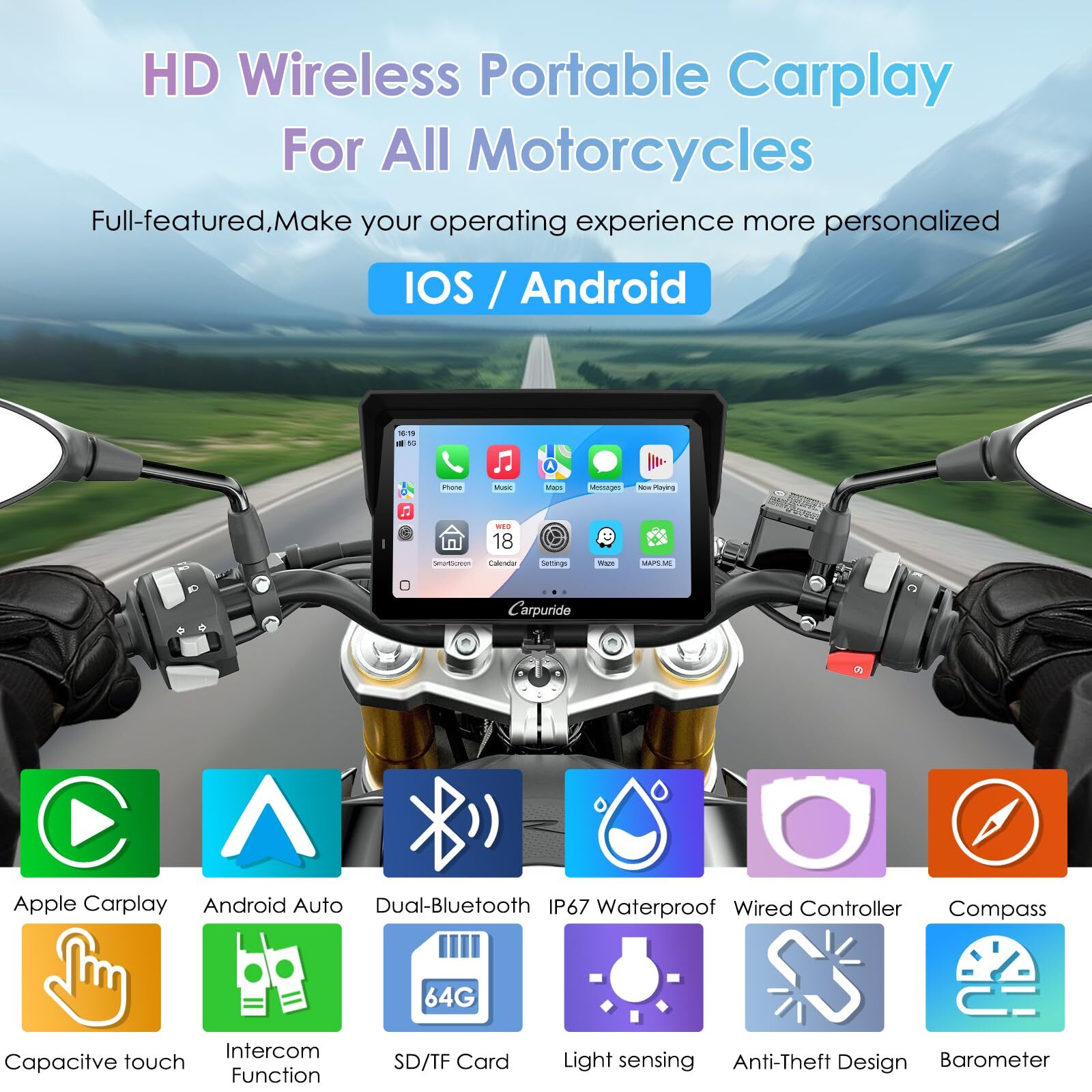 Carpuride W702S Pro Moto TPMS Carplay Screen BM05 Mount Wireless Android Auto BT