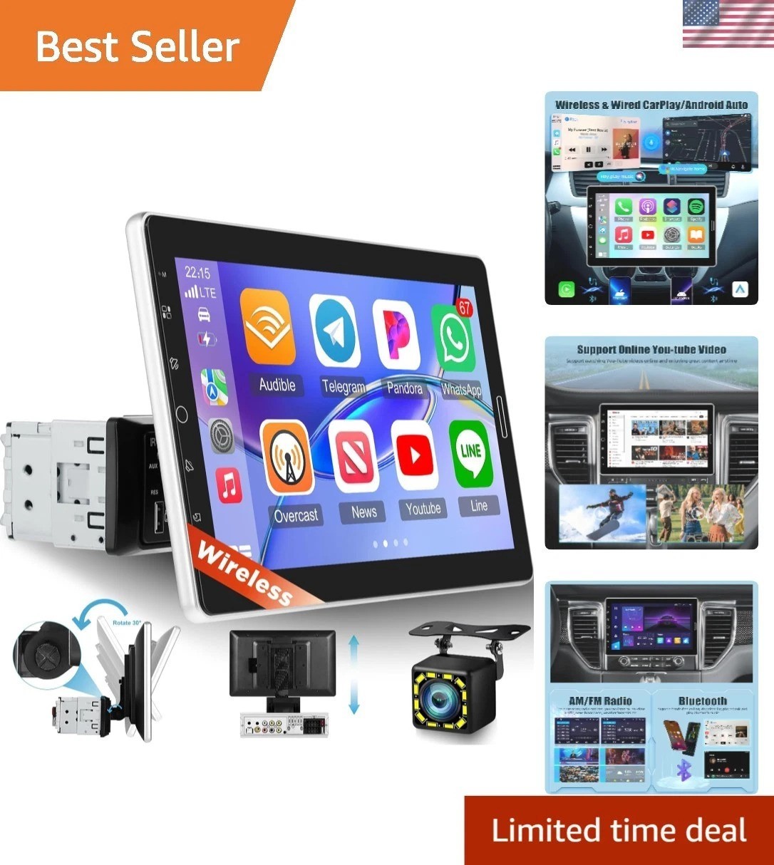 High-Definition 10.1 Inch Car Stereo: Bluetooth, YouTube, and Steering Control