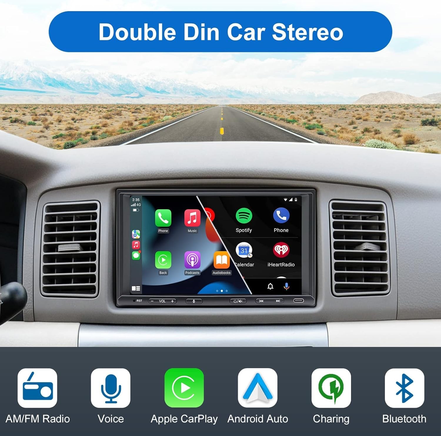 7-Inch Double Din Car Stereo with Wireless CarPlay & Android Auto – Elegant A…
