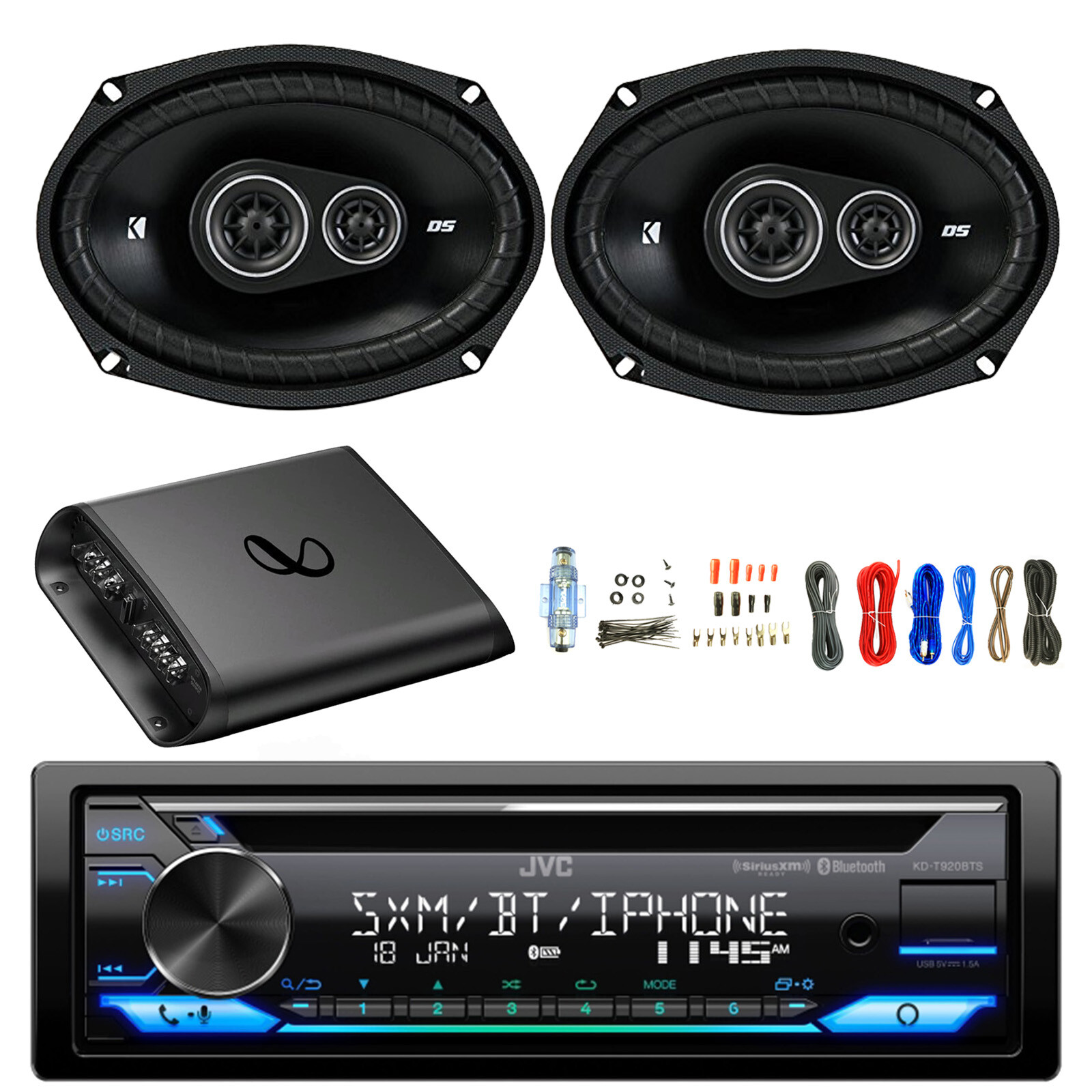JVC Single DIN Bluetooth AM/FM CD Receiver, Amp w/Kit, 2x 6×9″ 360W Speaker