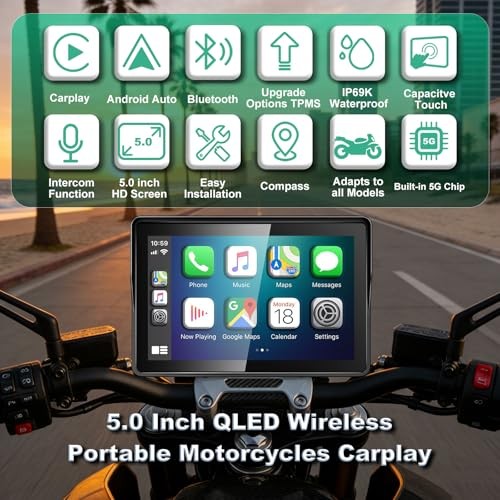 2026 GPS Carplay 5 inch for Motorcycle with TPMS, Wireless CarPlay & Android