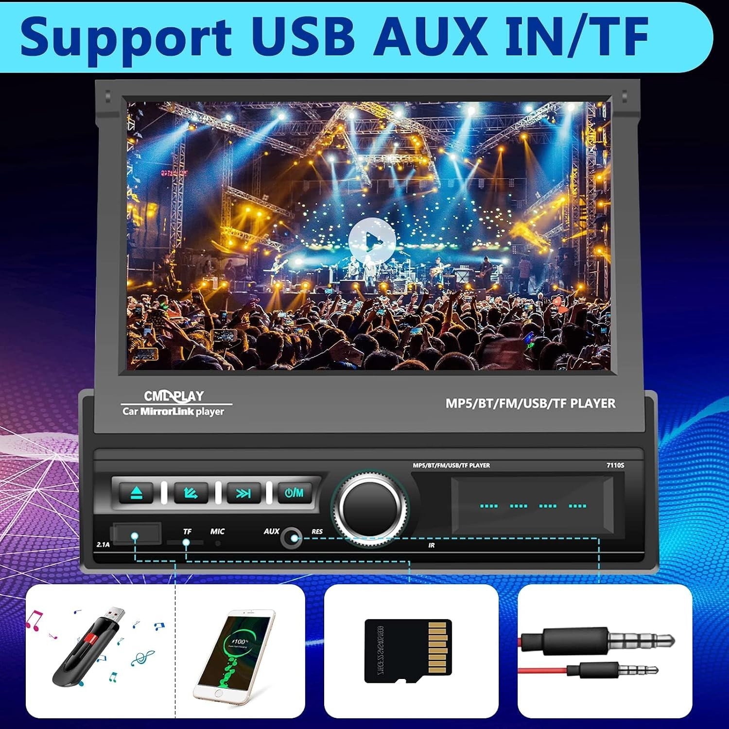Single Din 7-Inch Motorized Car Radio with Bluetooth & Mirror Link Capabilities