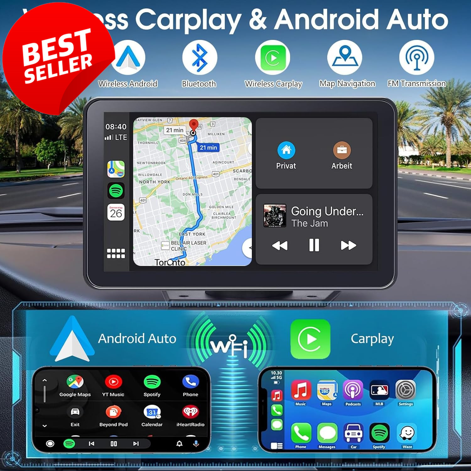 7″ Wireless CarPlay Screen Android Auto Touch Display GPS Backup Camera – US