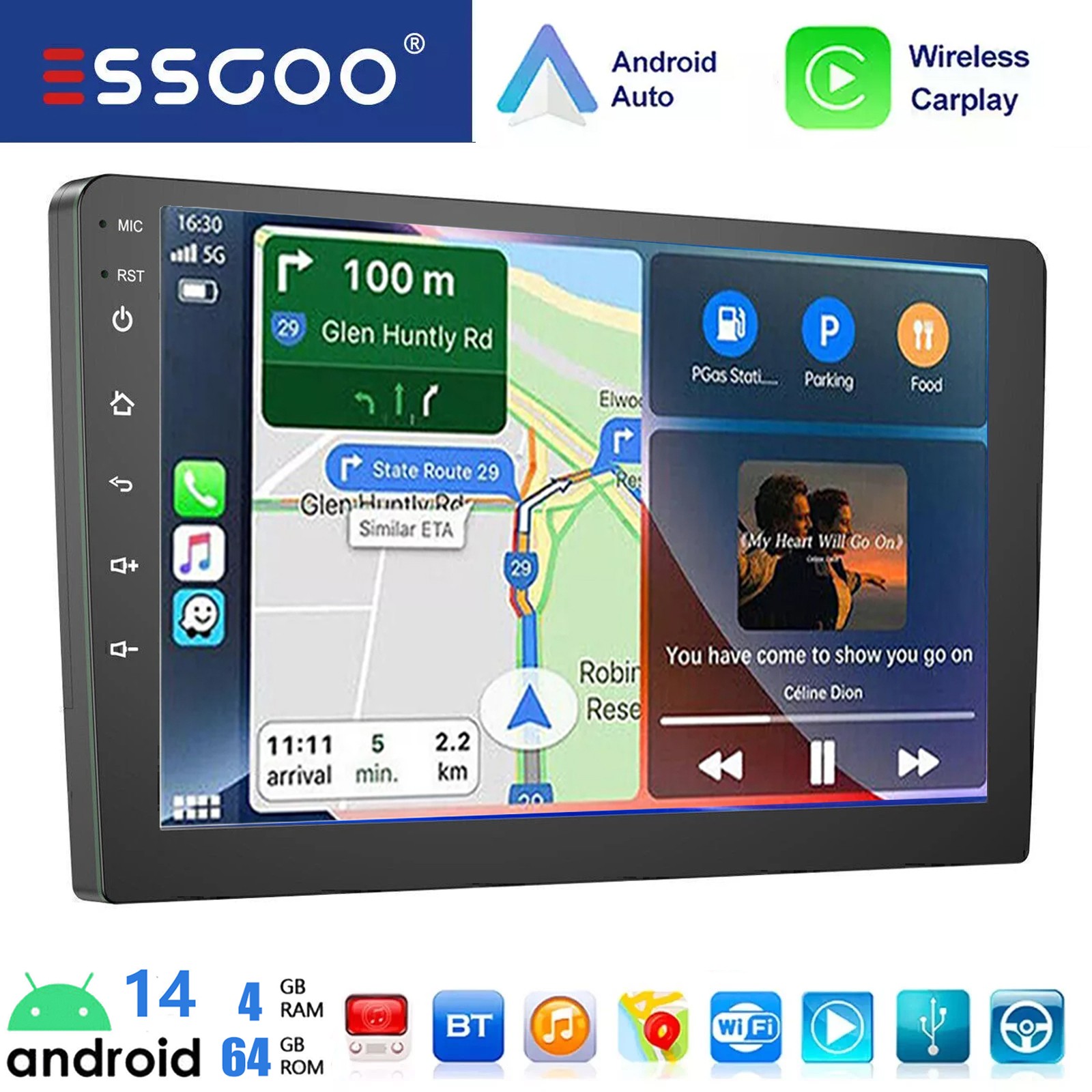 9″ Car Stereo Android 14 Carplay Head Unit 2 DIN GPS NAV Radio 4G+64G Bluetooth