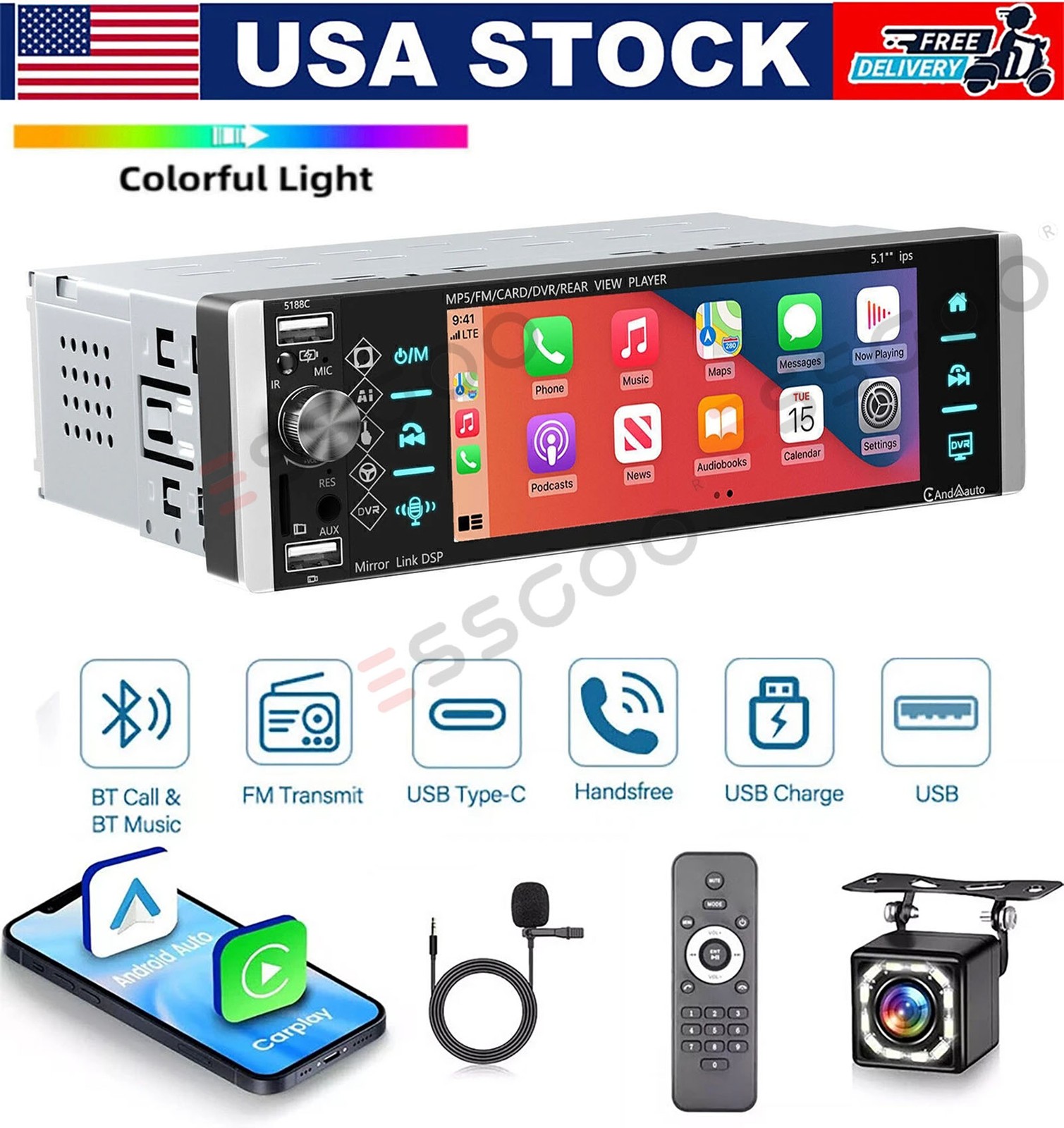Single Din Car Stereo Wireless Apple CarPlay 5.1 Touchscreen Bluetooth MIC&CAM