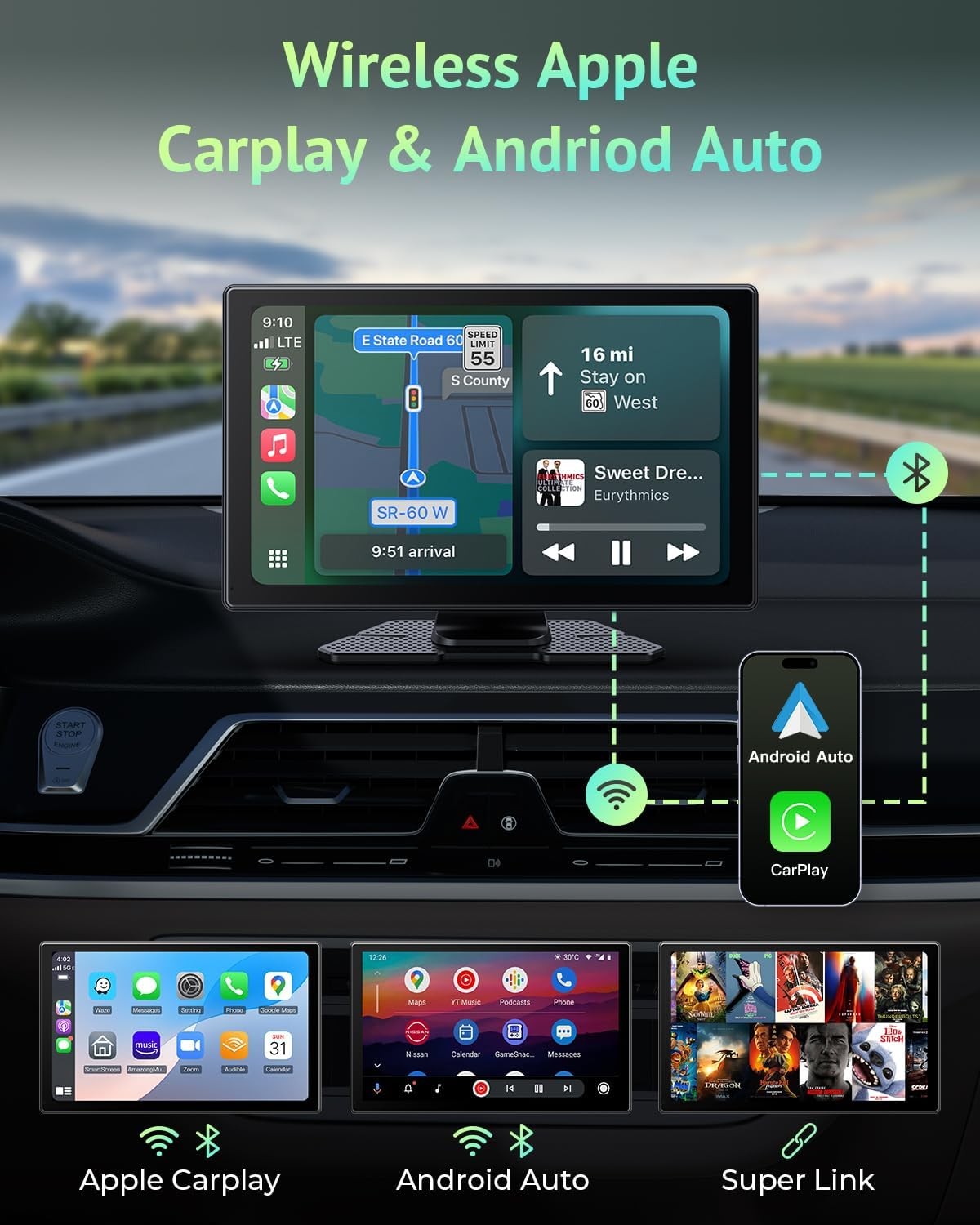 Carplay Screen 9in 4K Dash Cam Backup Camera GPS Navigation