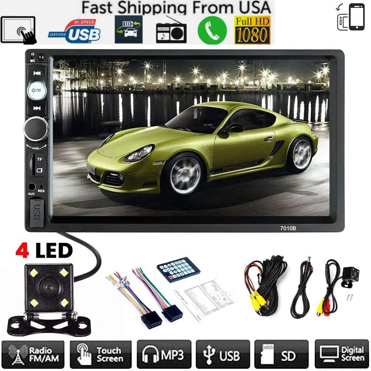 7″ Double 2 DIN Car Stereo Radio Bluetooth Touch Screen Stereo Radio With Camera