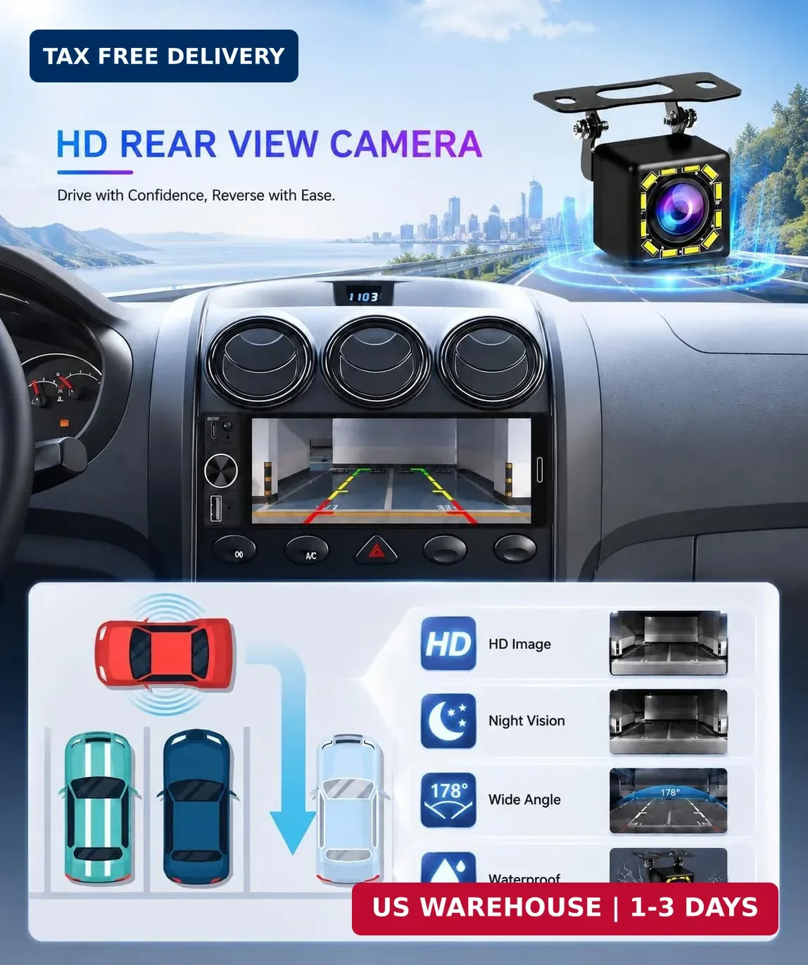 6.5″ Wireless Single Din Car Stereo with Apple CarPlay 720×1280 HD in Cell Touch