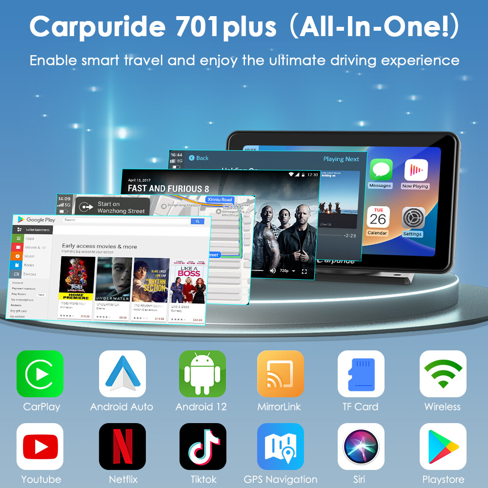 Carpuride 701Plus Dual Bluetooth Wireless Apple CarPlay GPS Android Auto Radio