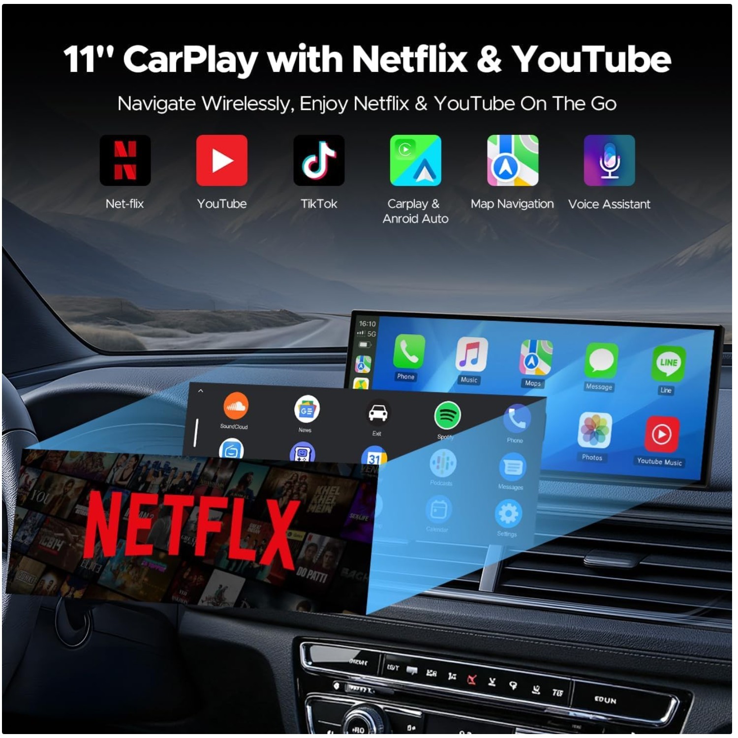 11″ Wireless CarPlay Screen with Netflix & YouTube