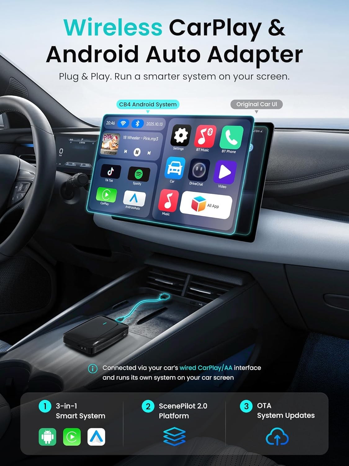 Magic AI Box, Wireless CarPlay/Android Auto Adapter, Car Video Jet Black Finish