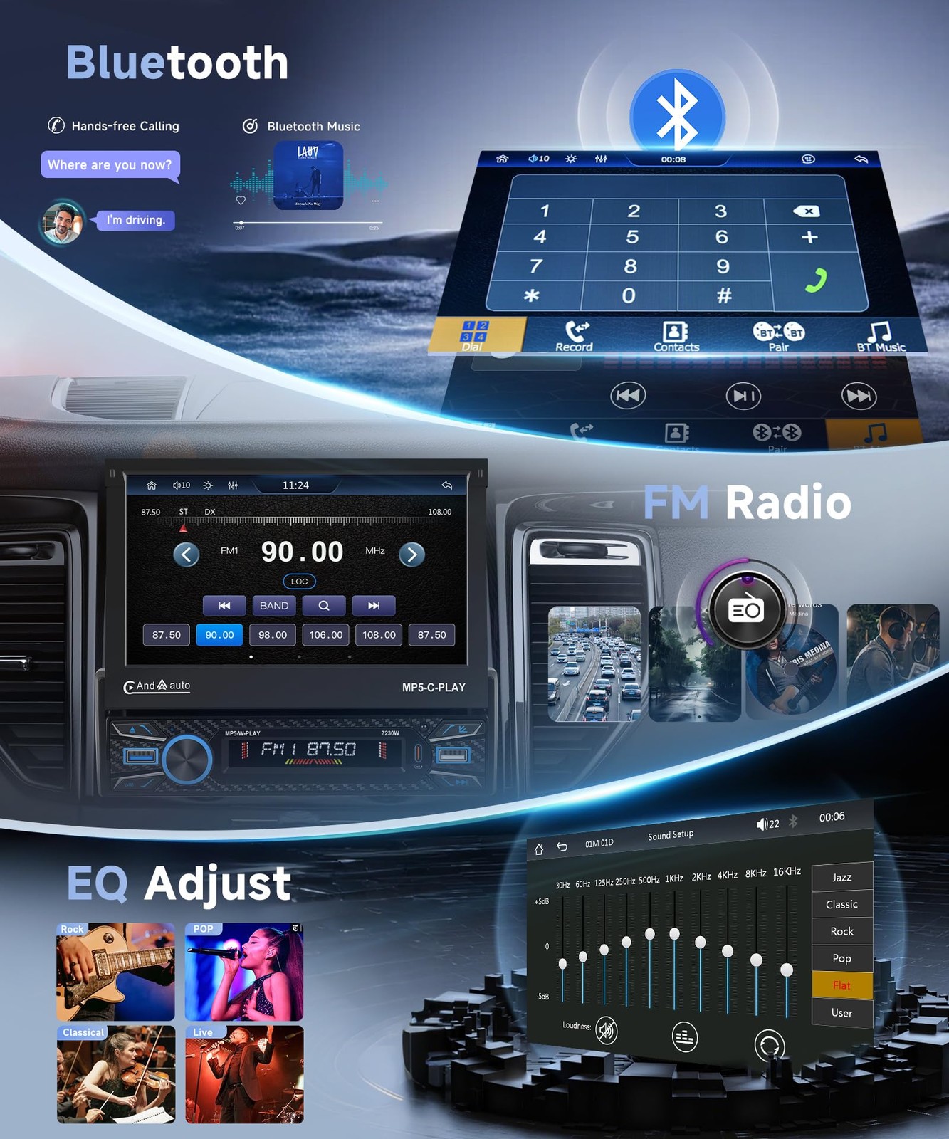 Orderich Single Din Car Stereo Touch Screen Flip Out Wireless Carplay Black