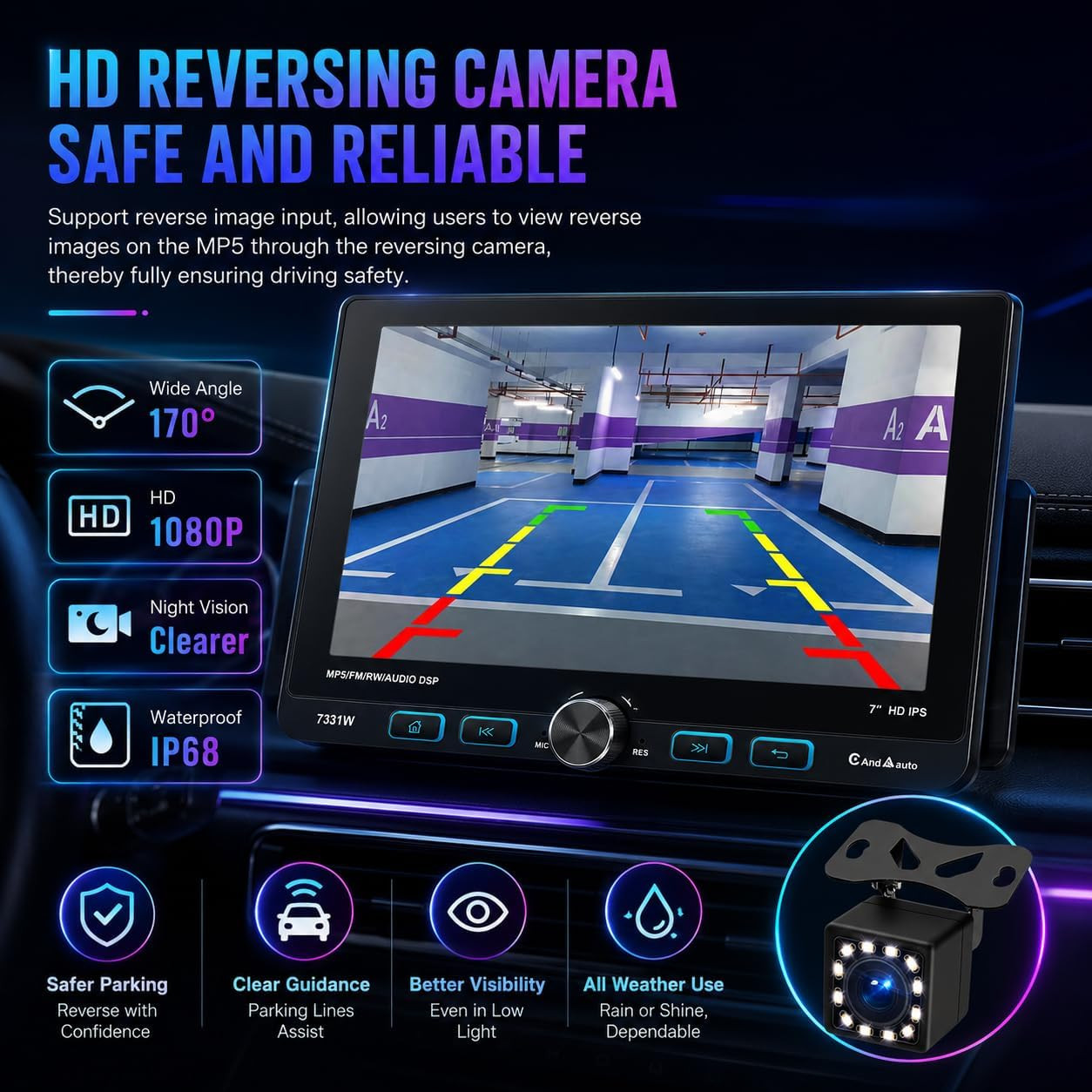 7 Inch Single Din Car Stereo Wireless Apple Carplay & Android Auto, Detachable R