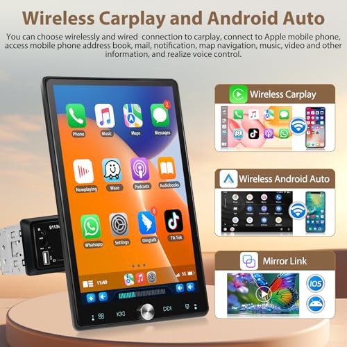 10.4 Inch Single Din Car Stereo, 2.5D Rotatable Touchscreen Auto Radio with