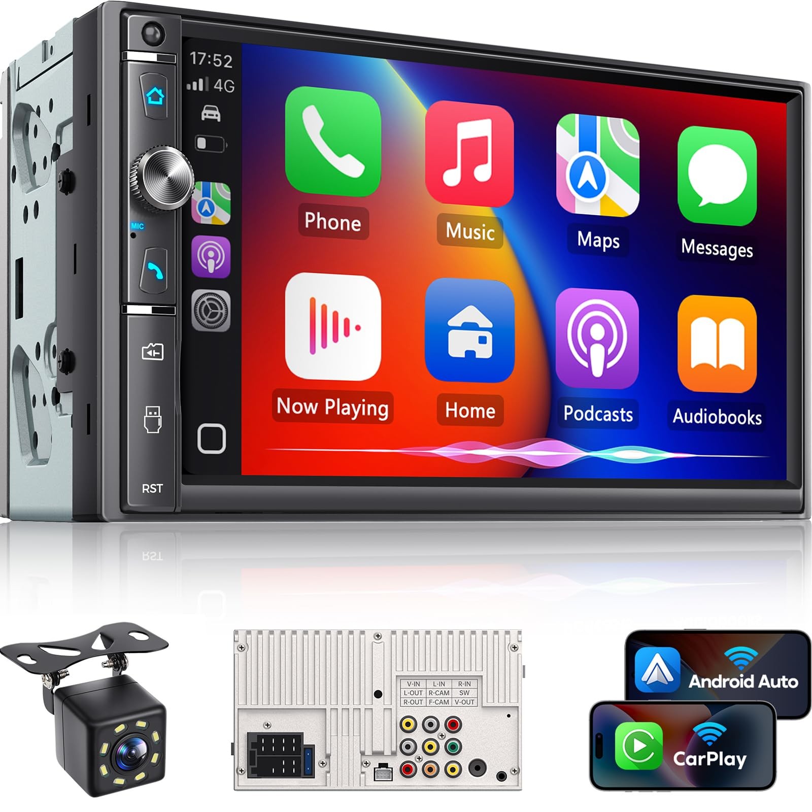 Kissound Double Din Car Stereo with 7″ HD Touchscreen, Wireless Apple