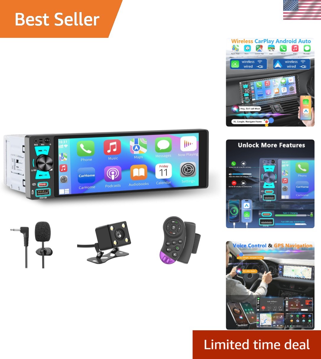 Single Din Radio, 6.5 Inch Touchscreen Car Stereo with Bluetooth Wireless & W…