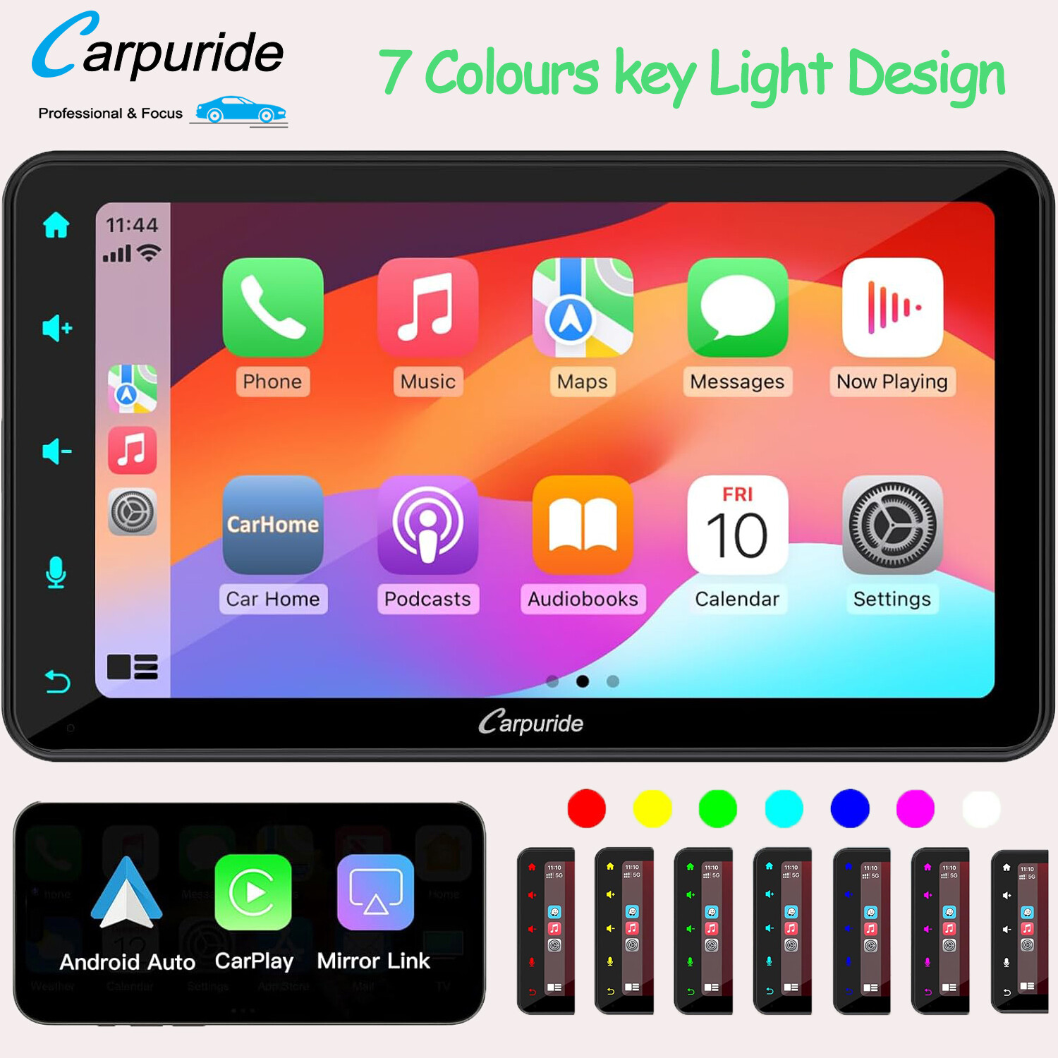 Carpuride 7” Wireless Carplay Android Auto Car Radio Mirror Link Color Light Key