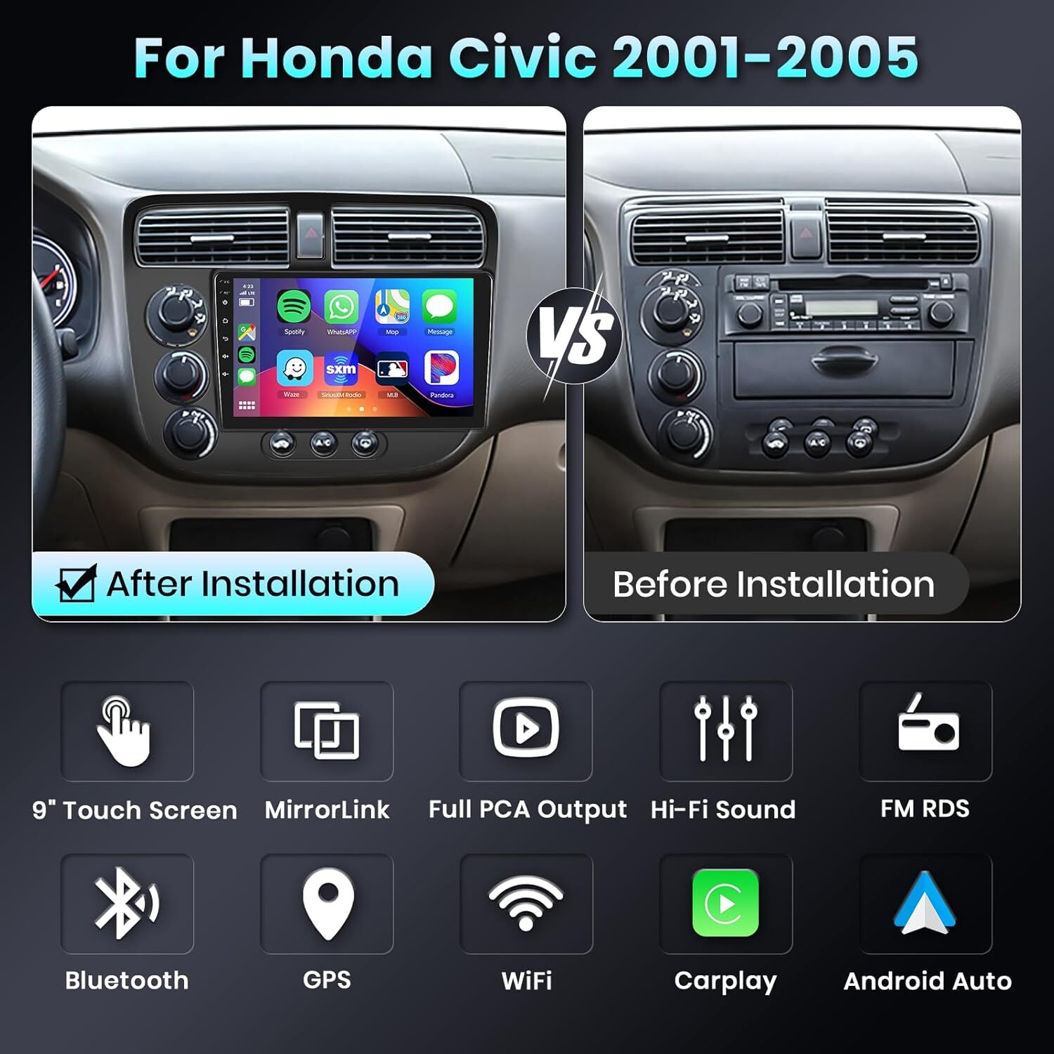 Android 12 Car Stereo Radio for Honda Civic 2001-2005 Carplay GPS WIFI W/Camera