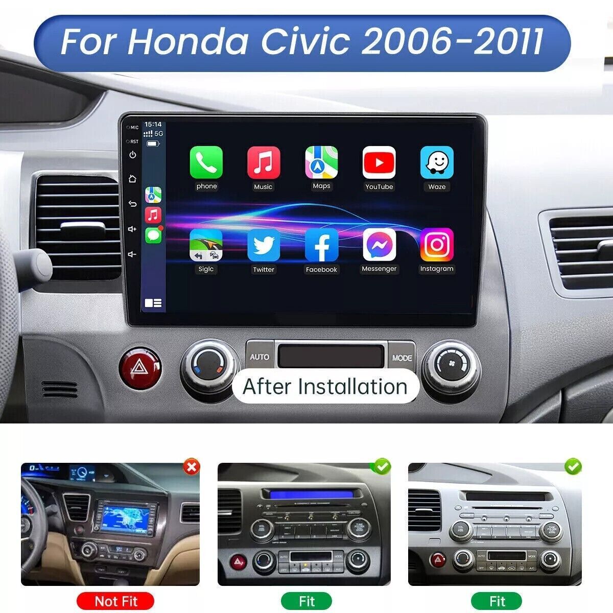 For 2006-2011 Honda Civic Apple CarPlay Android 15 Car Stereo Radio GPS WiFi