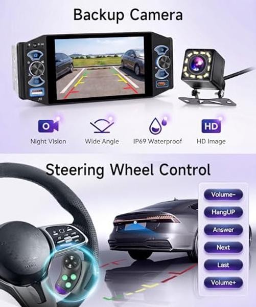 Single Din Car Stereo with Wireless CarPlay & Android Auto | 5 Inch Touch