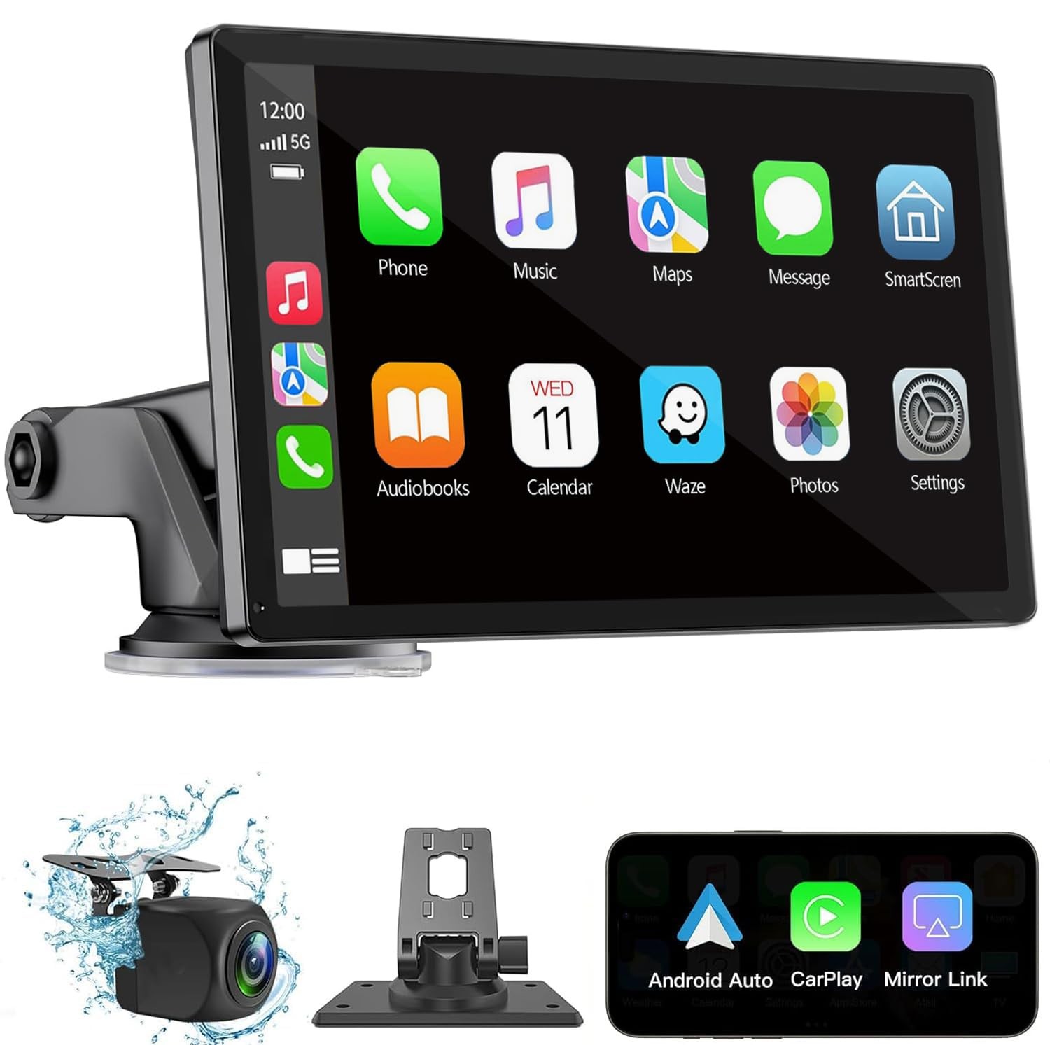 Wireless Carplay Screen for Car 7″ HD Portable Car Stereo Touchscreen with
