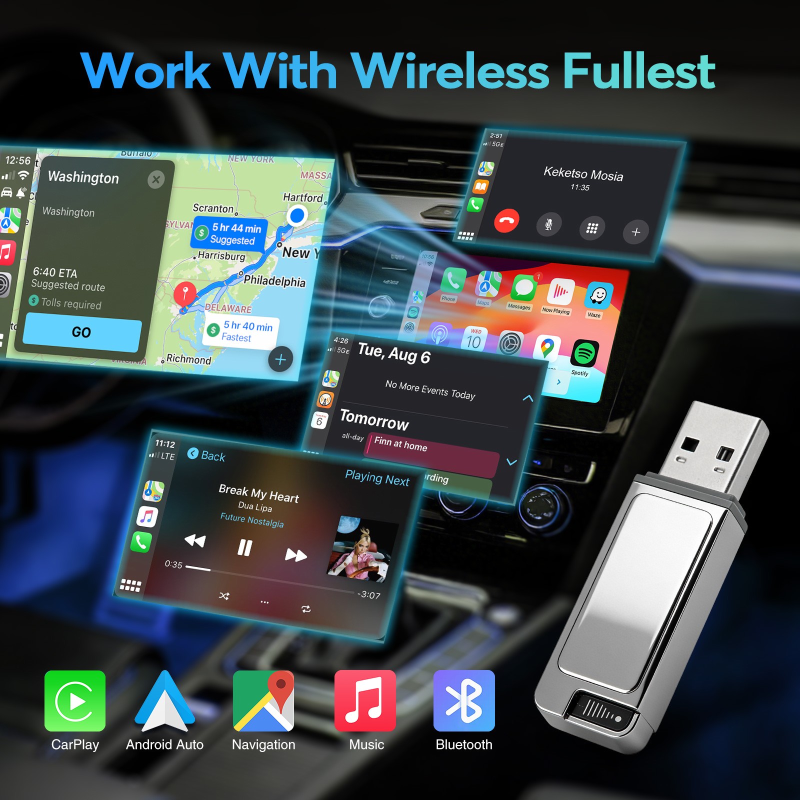 ANDREAM 2-in-1 Wired to Wireless CarPlay & Android Auto Adapter, Plug & Play
