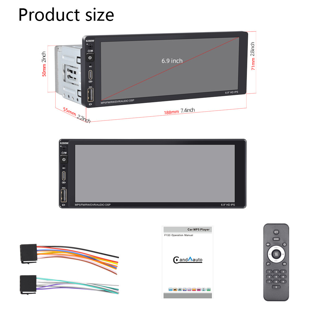 Car Radio 1 Din 6.9″ Bluetooth Wireless Carplay Android Stereo RDS Touch Screen