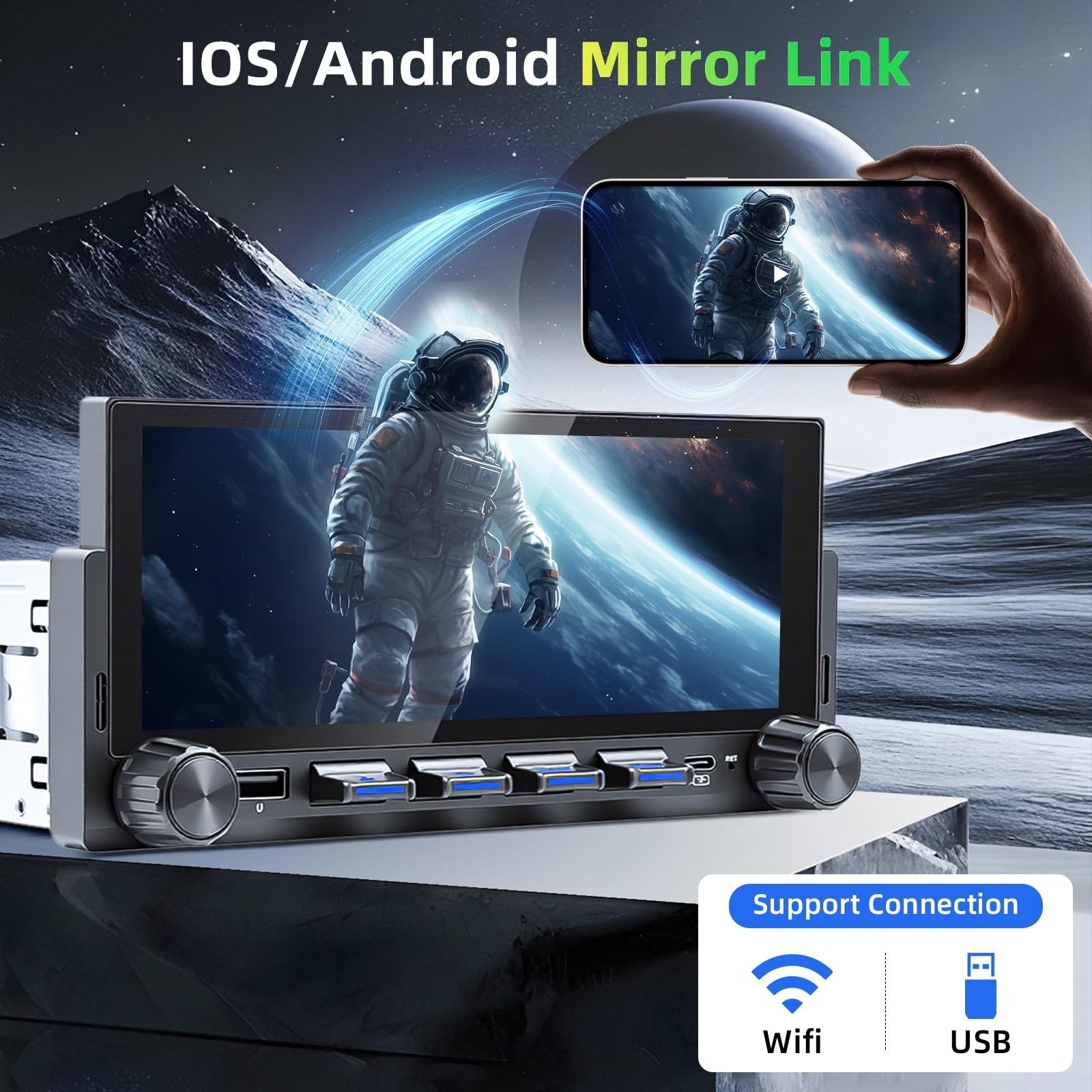 6.86″ Wireless Single Din Touchscreen Car Stereo, Apple CarPlay, Android Auto, B