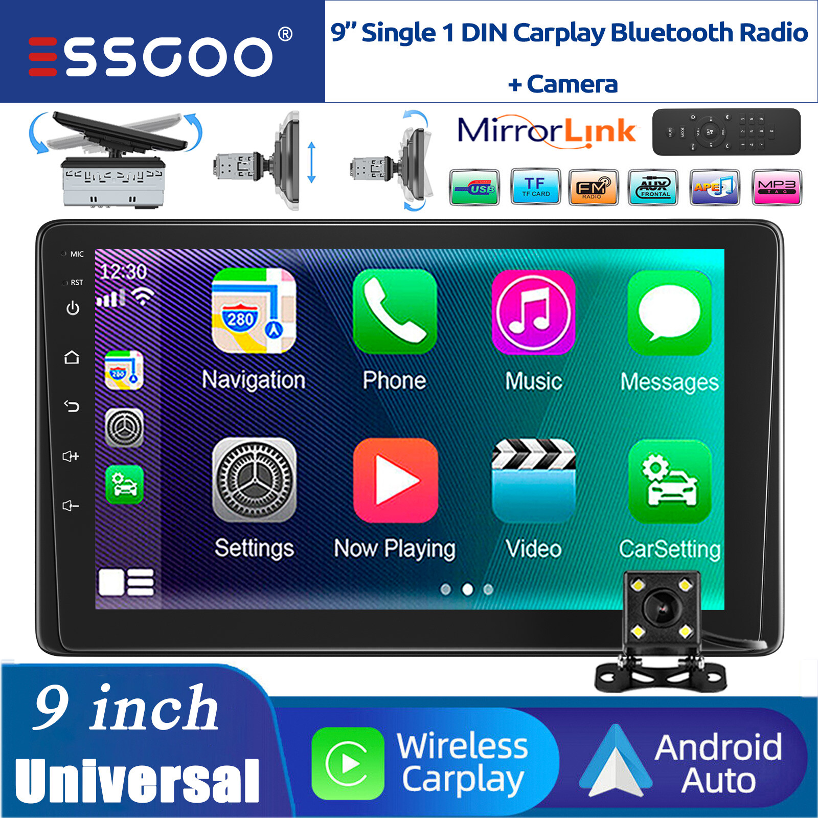 CarPlay 9″ Single Din Touch screen Head Unit Car Stereo Radio USB/TF/AUX Camera