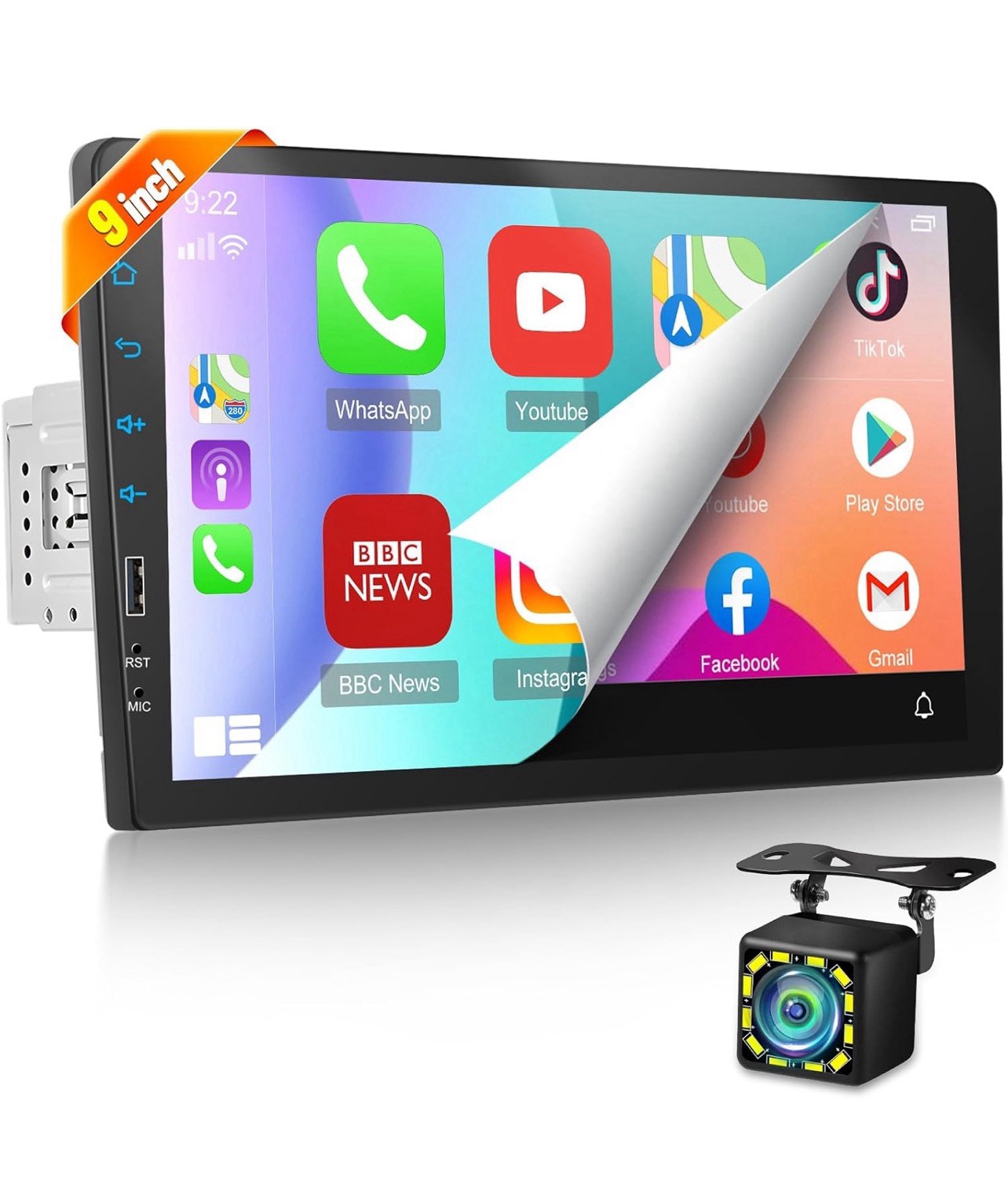 Single 1Din 9″ Apple/Android Carplay Car Radio FM Touch Screen Bluetooth +Camera